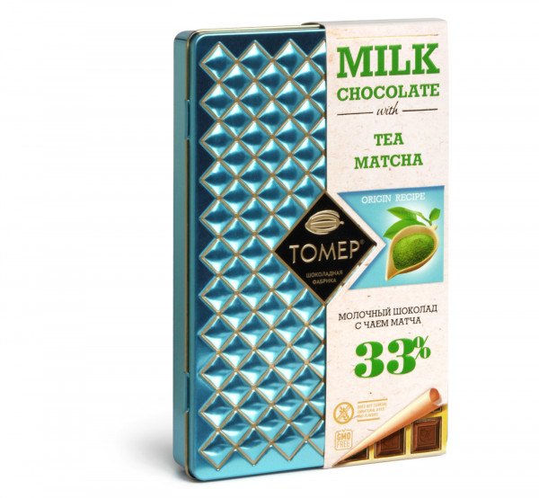 №1 Фабрика Томер металлический бокс Молочный шоколад с чаем МАТЧА ,33%  90г в Дубне